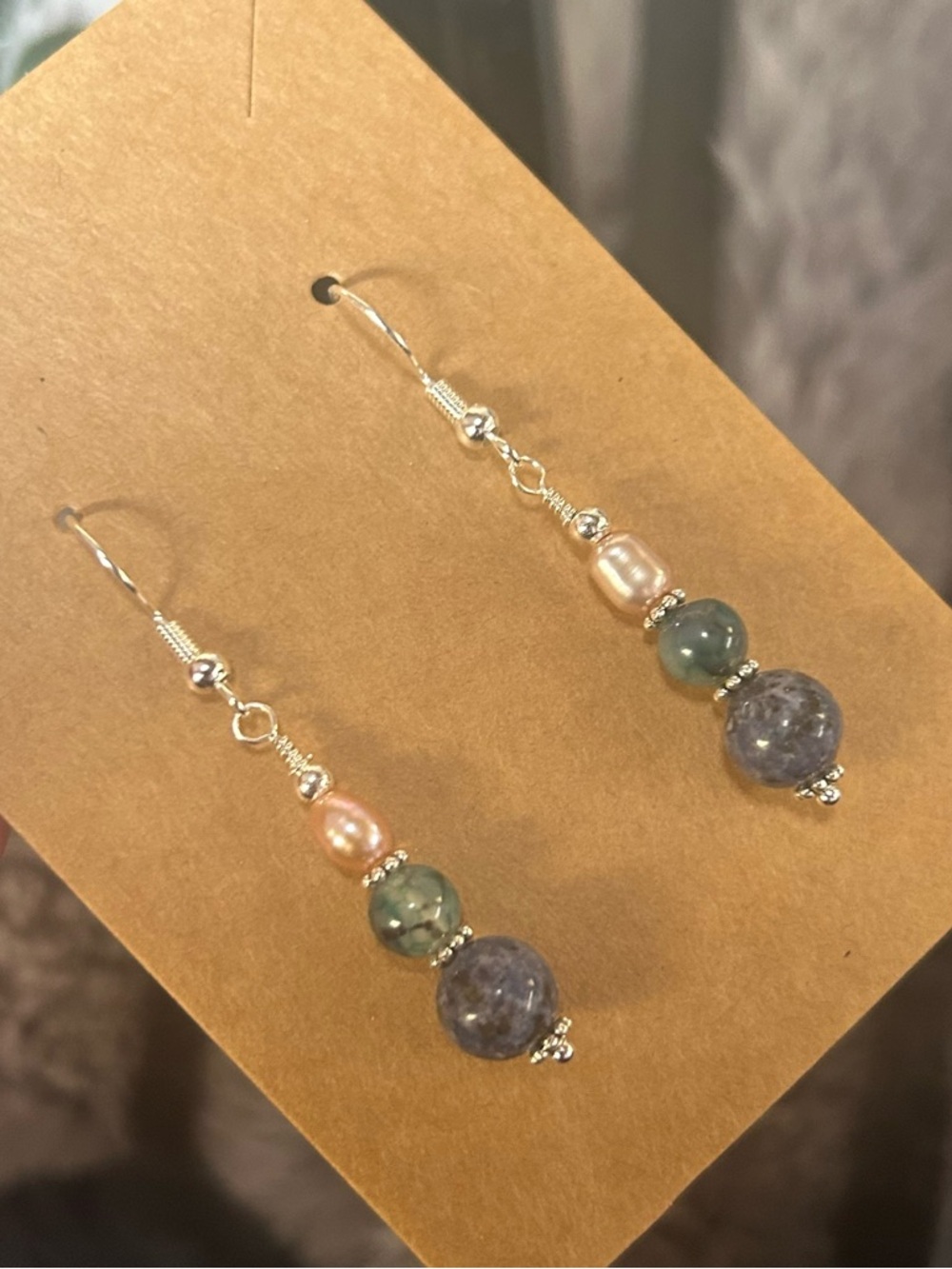 Handcrafted sodalite dragon vein agate genuine pearl earrings